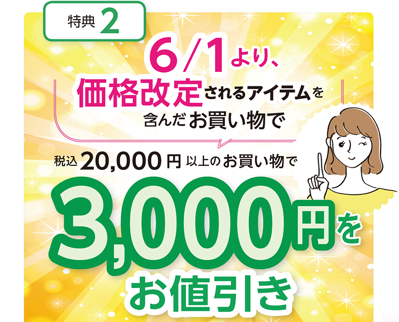6/1より、価格改定されるアイテムを含んだお買い物で
税込20,000円以上のお買い物で3,000円をお値引き