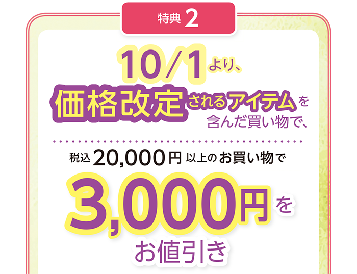 10/1より、価格改定されるアイテムを含んだ買い物で、
20,000円(税込)以上の
お買い物で3,000円をお値引き