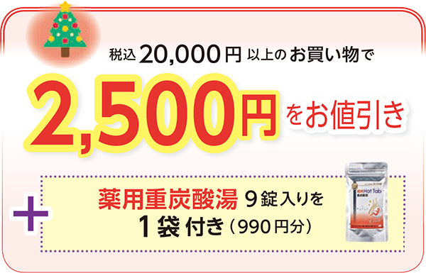 税込20,000円以上の
お買い物で2,500円をお値引き
+薬用重炭酸湯9 錠入りを1袋付き(990円分)