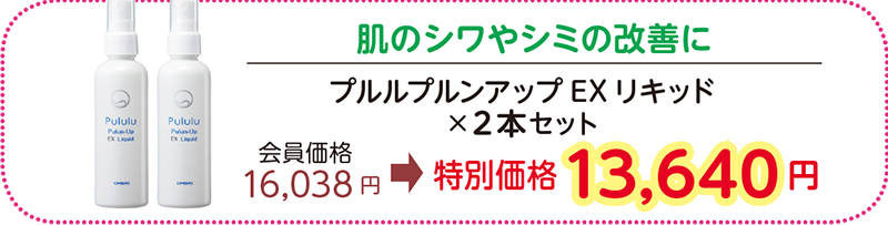 肌のシワやシミの改善に
プルルプルンアップEX リキッド×2本セット
会員価格 16,038円→特別価格 13,640 円