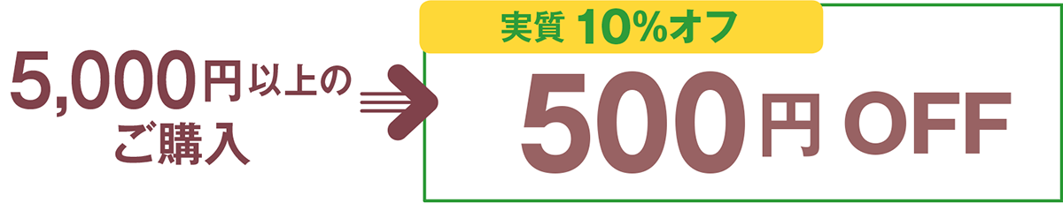 5,000円以上のご購入→実質10%オフ 500円OFF