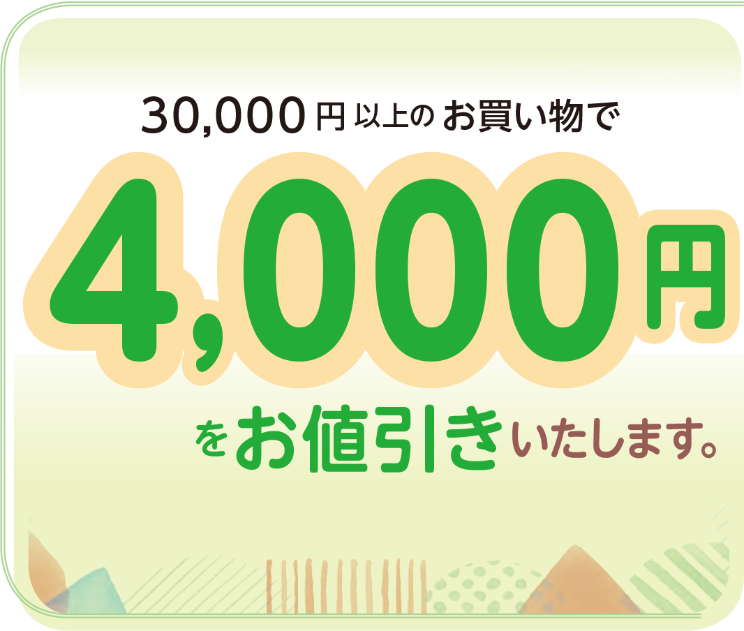 税込
30,000円(税込)以上の
お買い物で4,000円をお値引き
