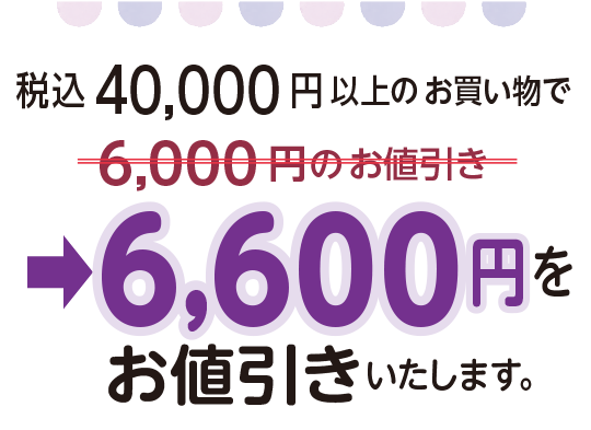 税込40,000 円以上のお買い物で6,600円を
お値引きいたします。