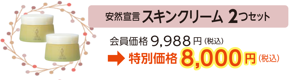 安然宣言スキンクリーム 2つセット会員価格9,988円(税込)
→特別価格8,000円(税込)