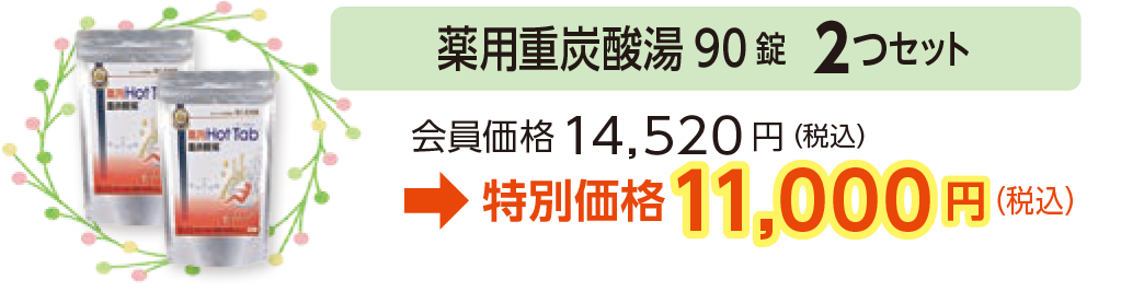 薬用重炭酸湯90 錠 2つセット会員価格14,520円(税込)
→特別価格11,000円(税込)