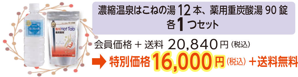 濃縮温泉はこねの湯12 本、薬用重炭酸湯90 錠
各1つセット会員価格+ 送料20,840円(税込)
→特別価格816,000円(税込)+送料無料