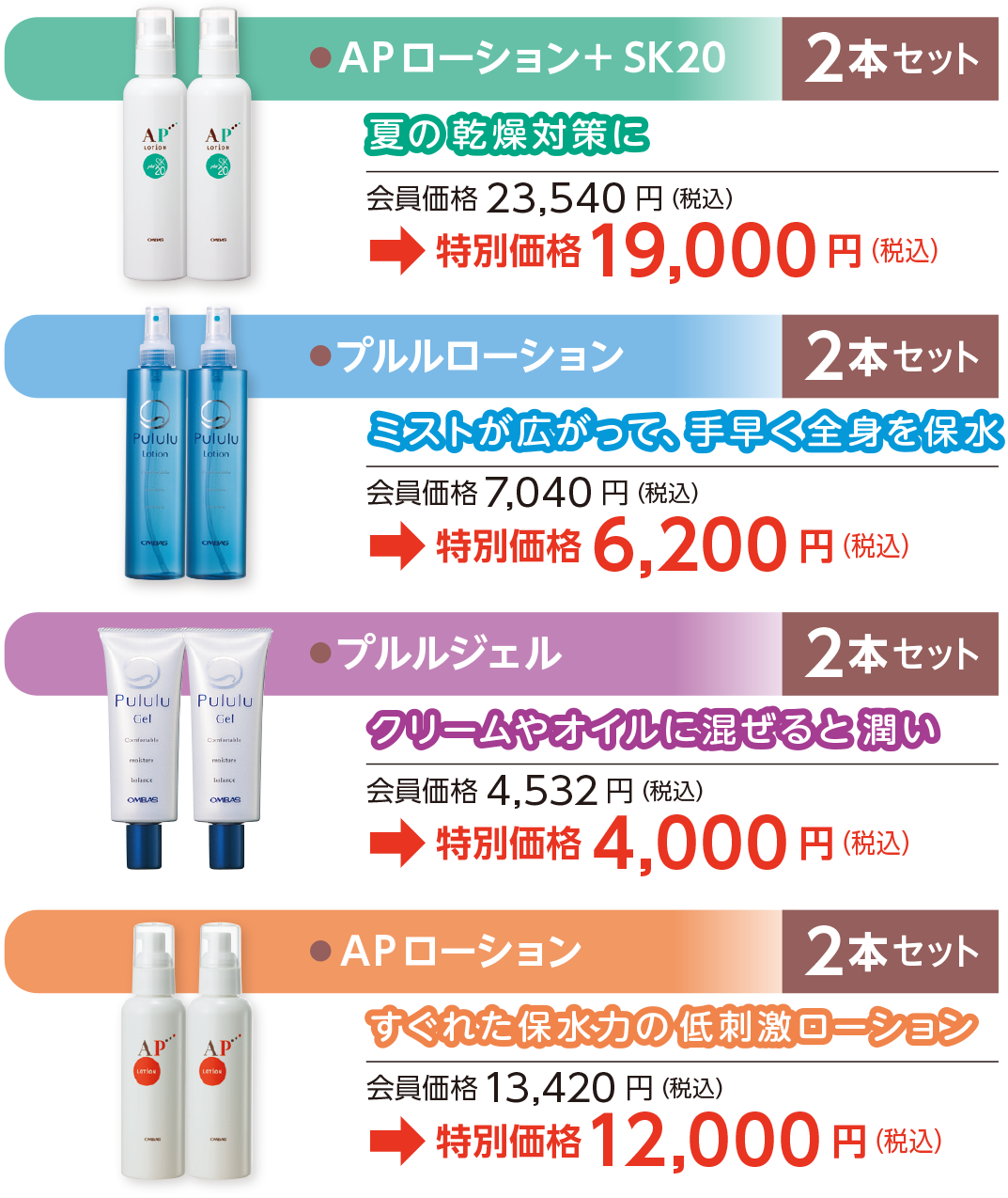 スキンケアアイテムを 2本組 、特別価格